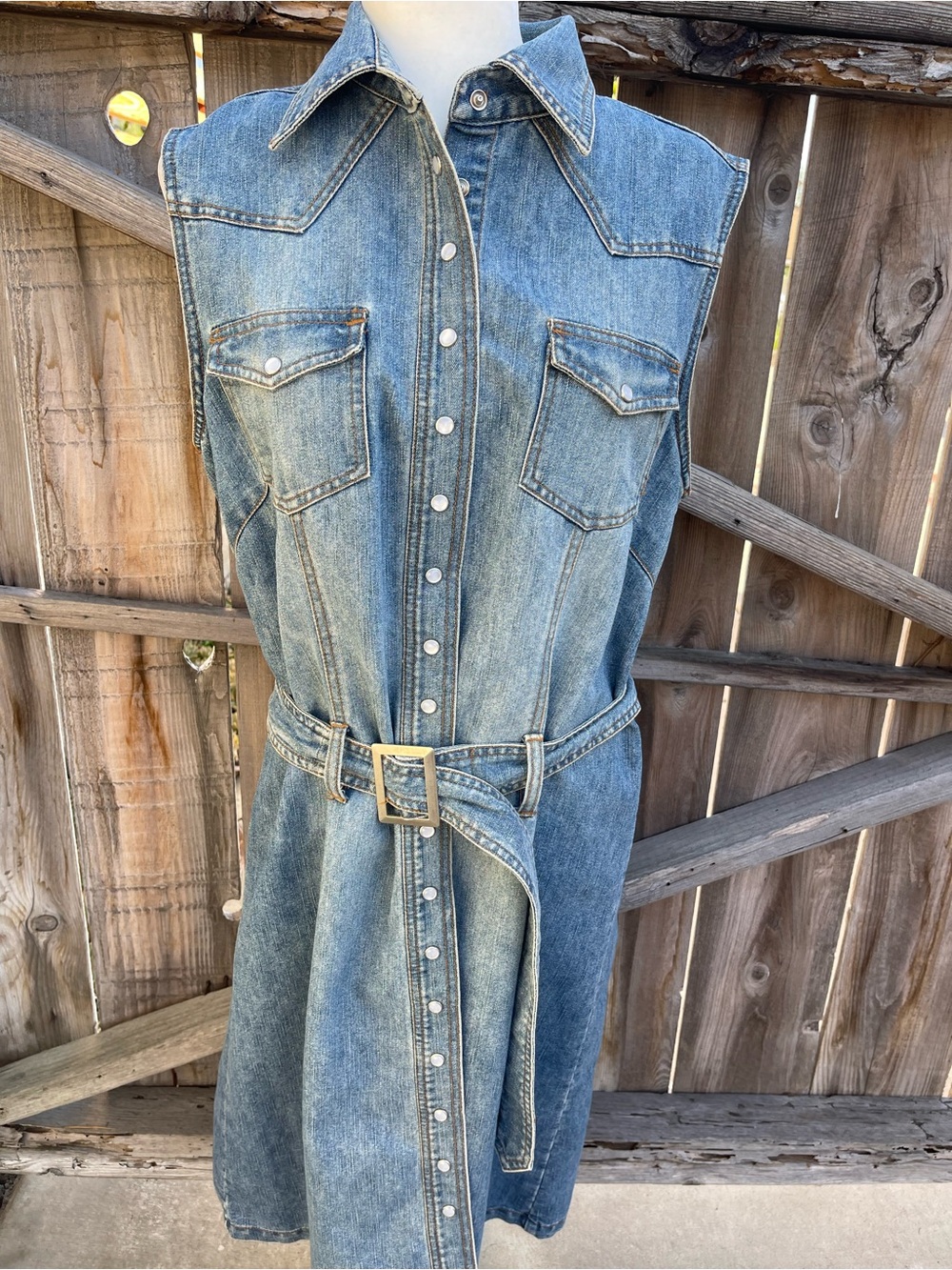 Ashley Stewart Sleeveless Western Blue Denim Midi Dress Snap-Front Belted Dress